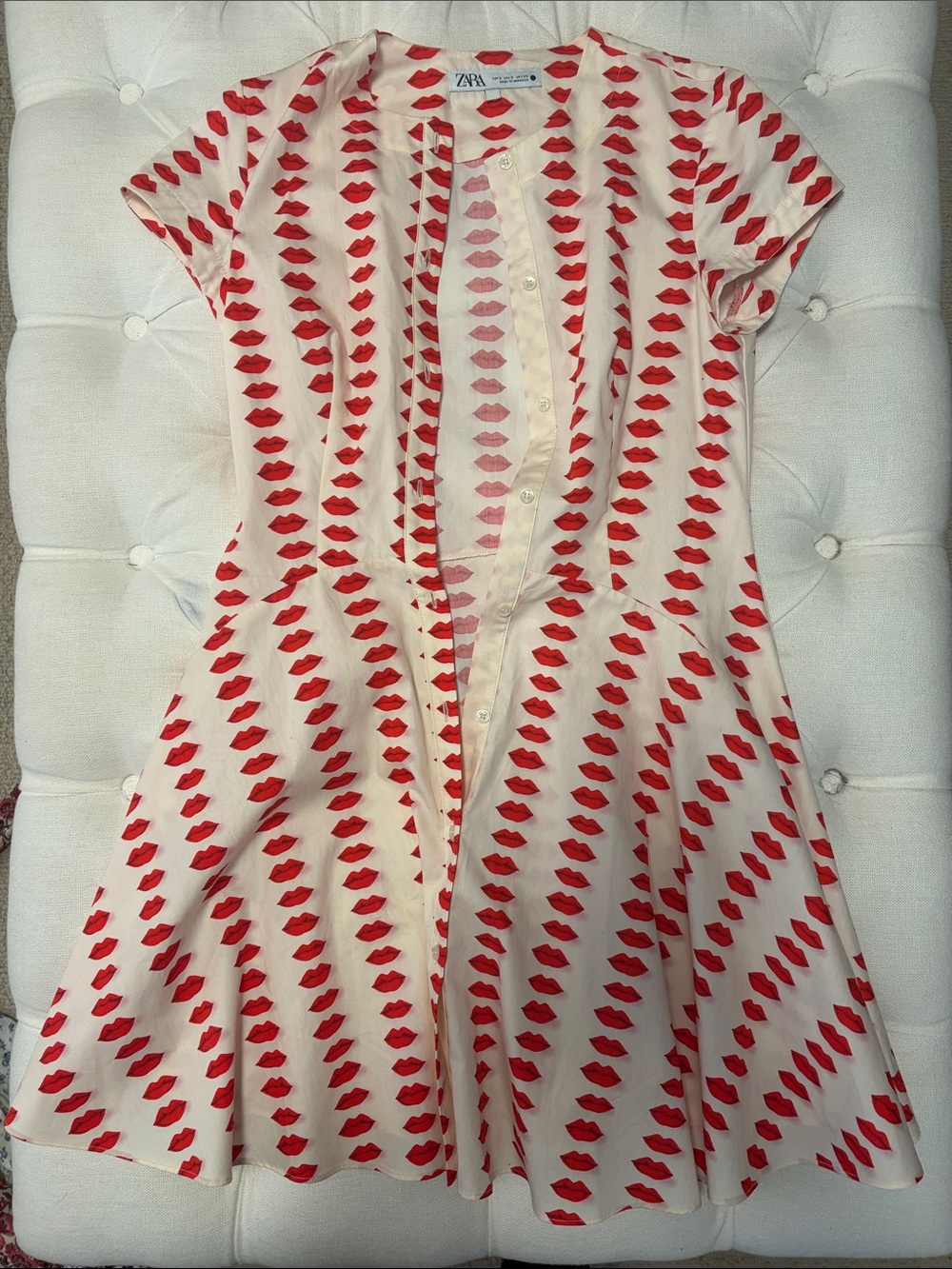 Zara Cream Dress with Red Lip Print